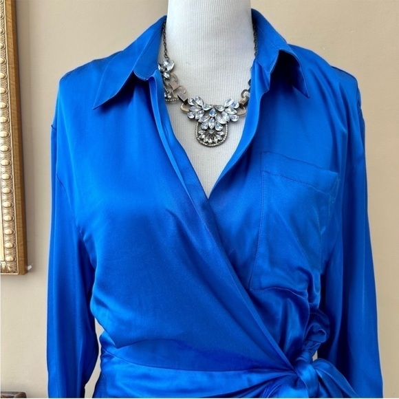 Zara Woman Blue Satin Effect Long Sleeve Wrap Mini Dress Blogger Fav Size L NWT - Picture 11 of 16